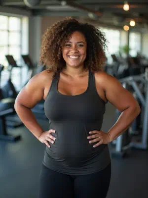 Joyful woman stretching at sunrise
