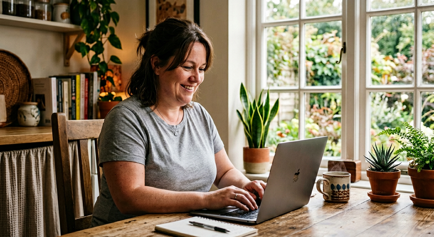 Woman completing online health assessment on laptop