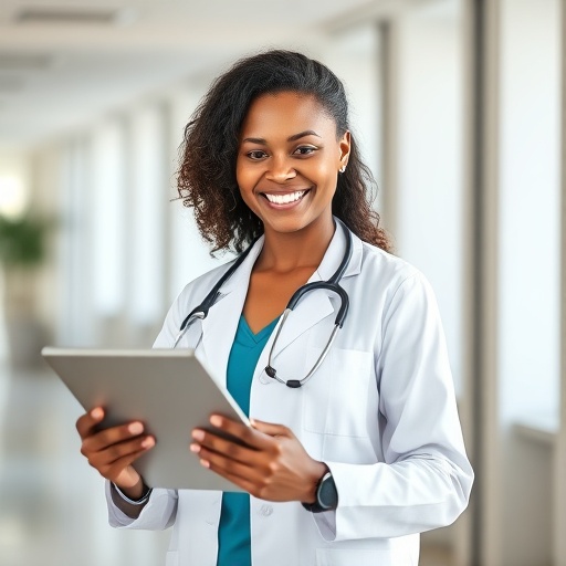 Licensed female provider reviewing patient profile on tablet